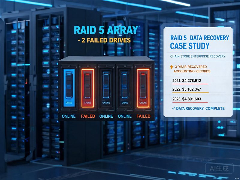 连锁门店RAID5阵列两块硬盘损坏，无备份完整找回3年财务数据