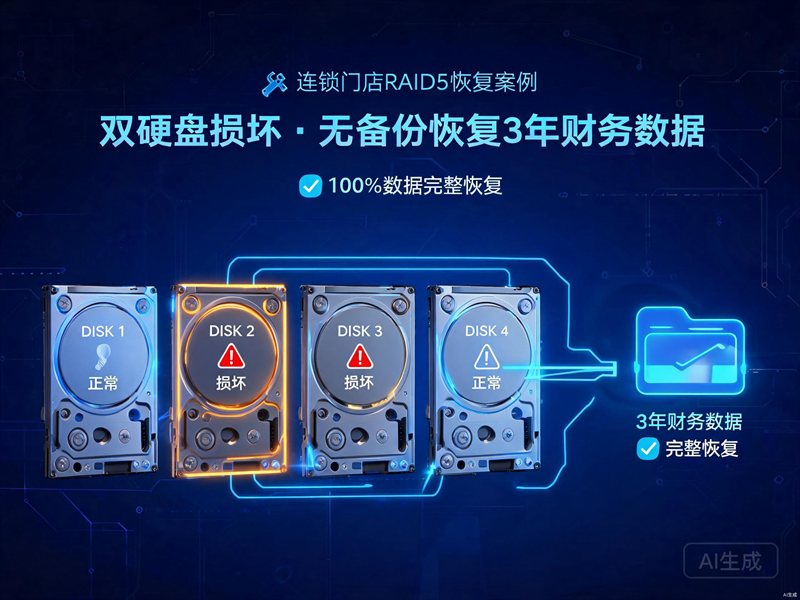 连锁门店RAID5阵列两块硬盘损坏无备份完整找回3年财务数据案例