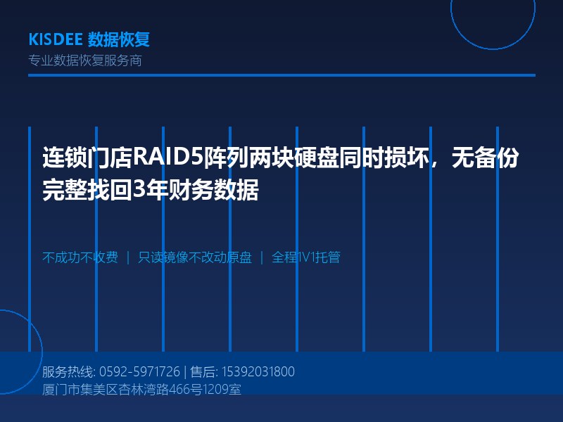 连锁门店RAID5阵列两块硬盘同时损坏，无备份完整找回3年财务数据